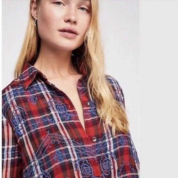 Free People Magical Plaid Embroidered Shirt Flannel Size Small - Picture 5 of 15